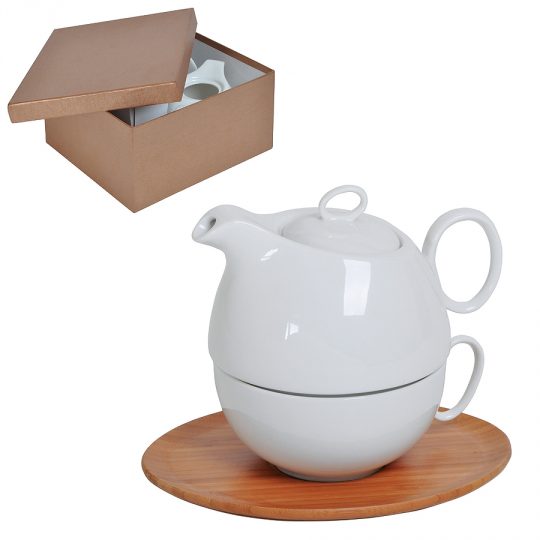 Набор «Мила»: чайник и чайная пара в подарочной упаковке, 21,5х24х12см,500мл и 300мл, фарфор, бамбук