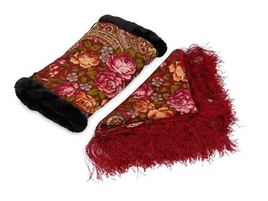 Подарочный набор: Павлопосадский платок, муфта, красный/разноцветный, арт. 017089403