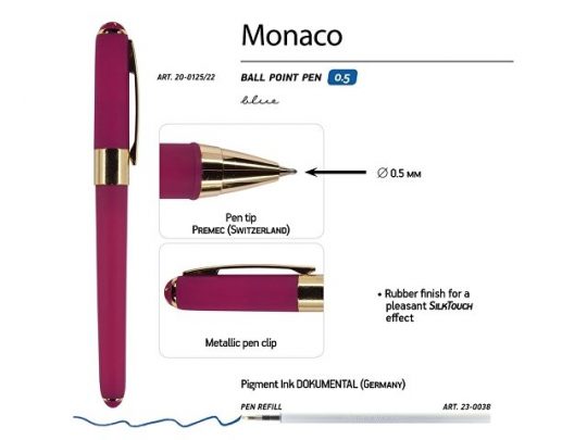 Ручка пластиковая шариковая Monaco, 0,5мм, синие чернила, пурпурный, арт. 017428103