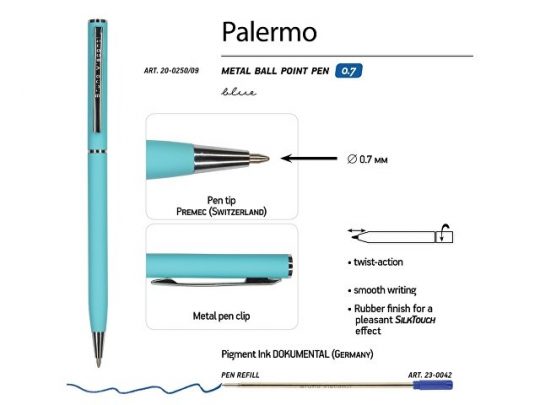 Ручка Bruno Visconti Palermo шариковая  автоматическая, бирюзовый металлический корпус, 0,7 мм, синяя, арт. 017357103