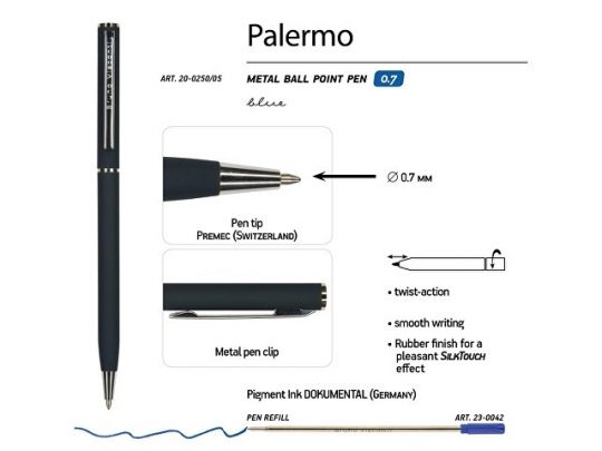 Ручка Palermo шариковая  автоматическая, сине-черный металлический корпус, 0,7 мм, синяя, арт. 017356703
