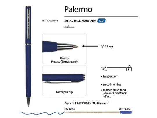 Ручка Bruno Visconti Palermo шариковая автоматическая, темно-синий металлический корпус, 0,7 мм, синяя, арт. 017356803