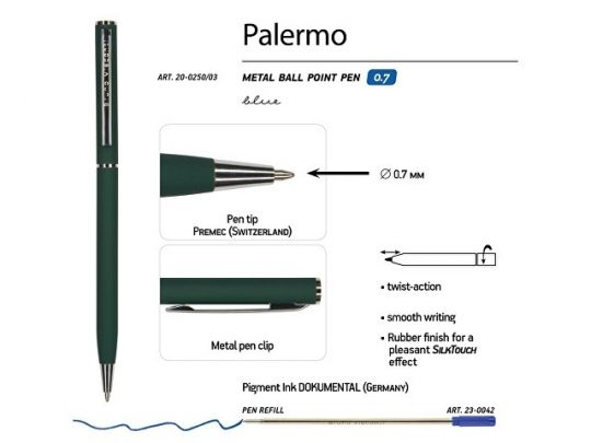 Ручка Bruno Visconti Palermo шариковая  автоматическая, зеленый металлический корпус, 0,7 мм, синяя, арт. 017356503