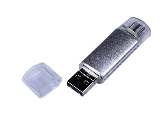 USB-флешка на 64 ГБ c двумя дополнительными разъемами MicroUSB и TypeC, серебро (64Gb), арт. 019430903