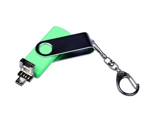 USB-флешка на 16 Гб поворотный механизм, c двумя дополнительными разъемами MicroUSB и TypeC, зеленый (16Gb), арт. 019432003