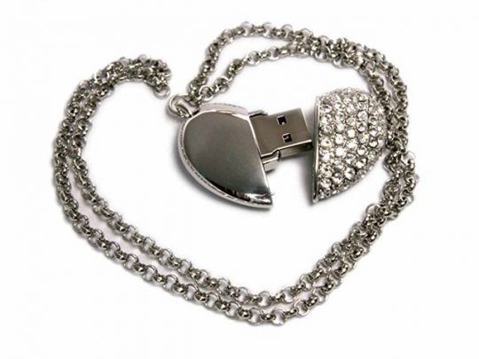 USB-флешка на 64 ГБ в виде Сердца  с кристаллами, серебро (64Gb), арт. 019468803