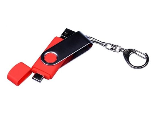 USB-флешка на 32 Гб поворотный механизм, c двумя дополнительными разъемами MicroUSB и TypeC, красный (32Gb), арт. 019433503