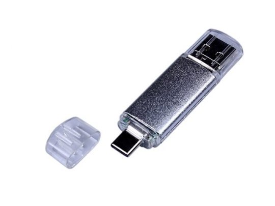 USB-флешка на 64 ГБ c двумя дополнительными разъемами MicroUSB и TypeC, серебро (64Gb), арт. 019430903