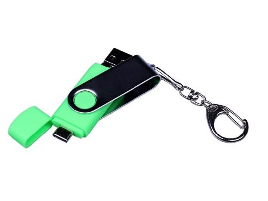 USB-флешка на 32 Гб поворотный механизм, c двумя дополнительными разъемами MicroUSB и TypeC, зеленый (32Gb), арт. 019431303