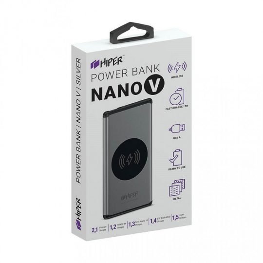 Универсальный аккумулятор NANO V Silver 5000 мАч, с беспроводной зарядкой в алюминиевом корпусе
