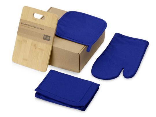 Подарочный набор с разделочной доской, фартуком, прихваткой, синий, арт. 024403003