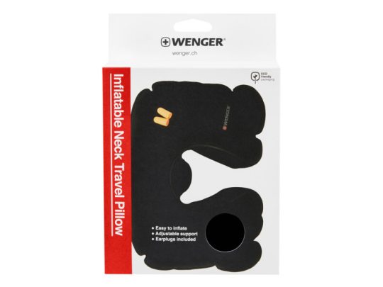 Подушка для самолёта WENGER, надувная, чёрная, флис, беруши в комплекте, арт. 024690503