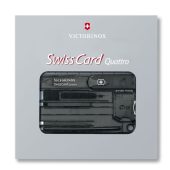 Швейцарская карточка VICTORINOX SwissCard Quattro, 14 функций, полупрозрачная чёрная, арт. 025253703