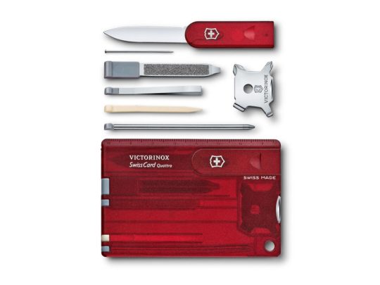 Швейцарская карточка VICTORINOX SwissCard Quattro, 14 функций, полупрозрачная красная, арт. 025253903
