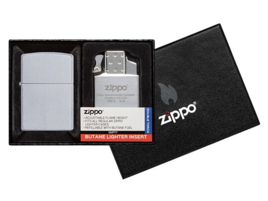 Набор ZIPPO: зажигалка 205 с покрытием Satin Chrome™ и газовый вставной блок с двойным пламенем, арт. 027628503