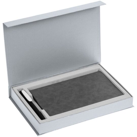 Коробка Silk с ложементом под ежедневник 13×21 и ручку, серебристая