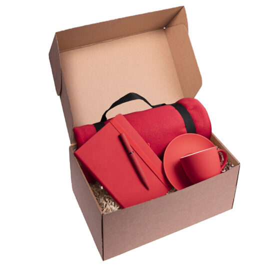 Набор подарочный COSINESS: плед, ежедневник, ручка, чайная пара, коробка, красный