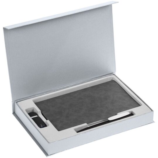 Коробка Silk с ложементом под ежедневник, флешку и ручку, серебристая