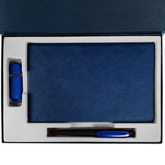 Коробка Silk с ложементом под ежедневник, флешку и ручку, синяя