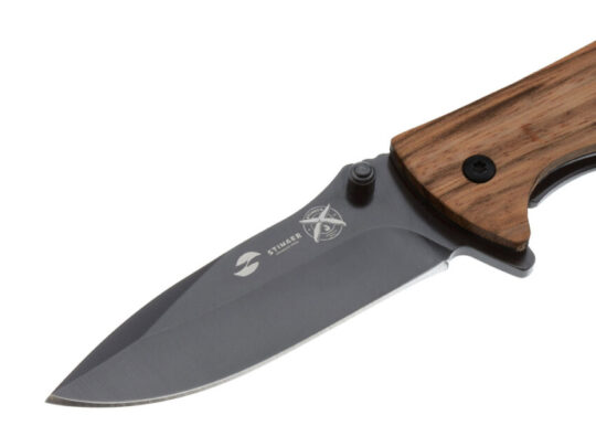 Нож складной Stinger, 80 мм, (чёрный), материал рукояти: сталь/эбеновое дерево (коричневый), арт. 028207503
