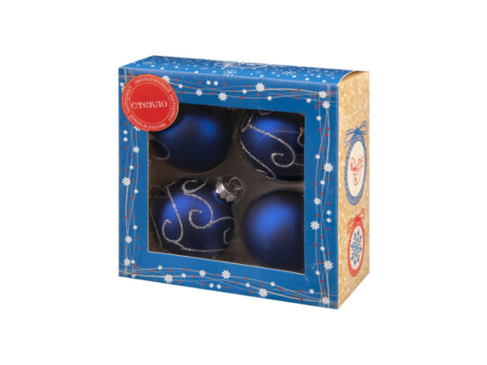 Новогоднее подвесное украшение — шар Синий с золотом из стекла, набор из 4 штук / 6x6x6см, арт. 028137503