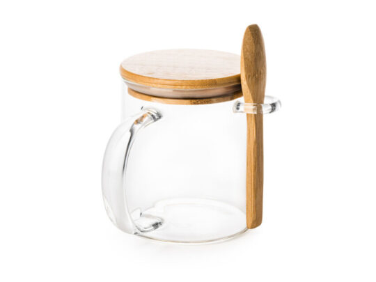Кружка стеклянная с крышкой и ложкой из бамбука, 420 мл, прозрачный/натуральный, арт. 028675603
