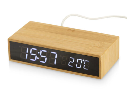 Часы настольные с беспроводной зарядкой Index, 10 Вт, бамбук, арт. 029595203